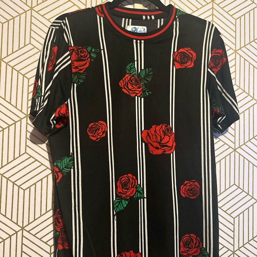 Men’s Black Rose Stripe Tee | Red Floral Graphic Shirt| NWT